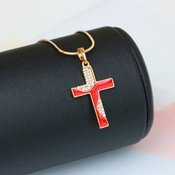 "Rose Gold Cross Pendant with Red Enamel and CZ Stone Detailing, XPPT1399 - Picture 3 of 13
